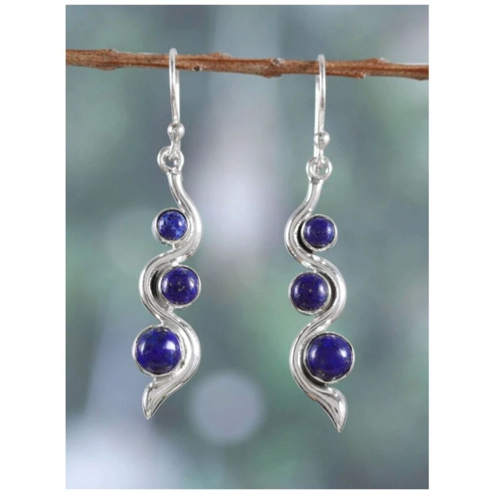 Lapis Lazuli Earrings 3 Stones Graduated in Size Set in a Modern Wavy Setting